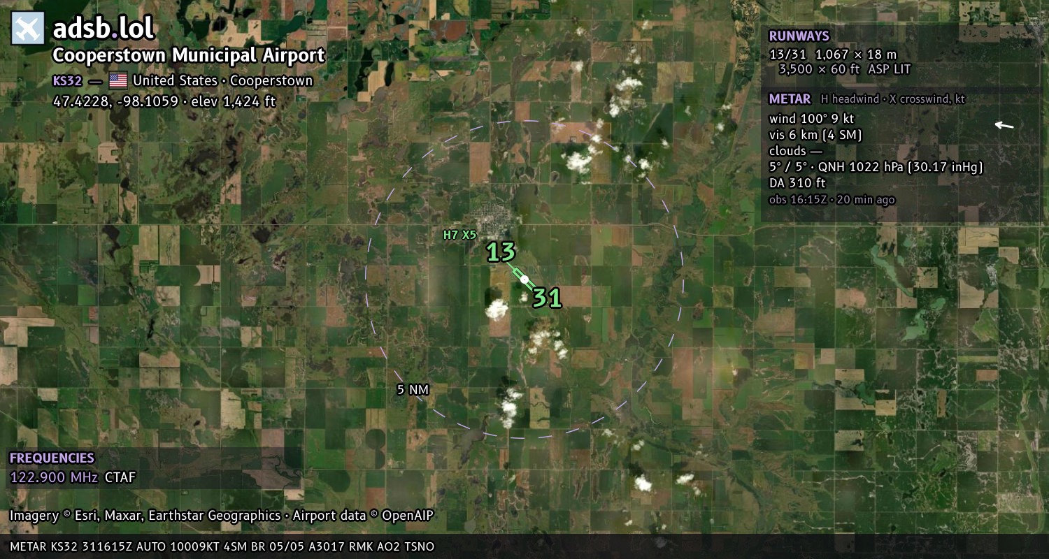 Satellite map with the runway layout of Cooperstown Municipal Airport (KS32)