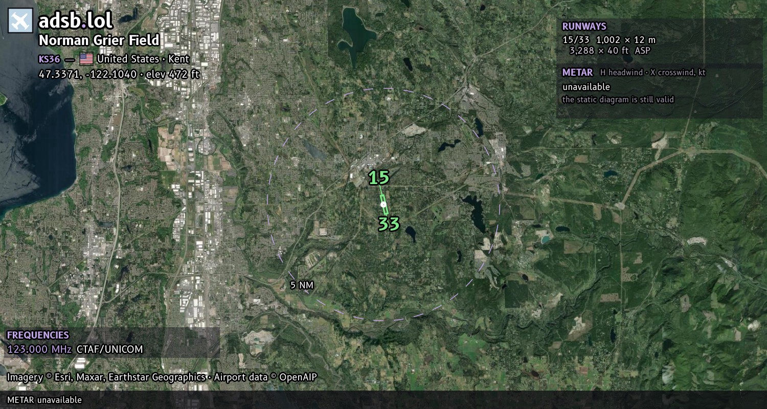 Satellite map with the runway layout of Norman Grier Field (KS36)