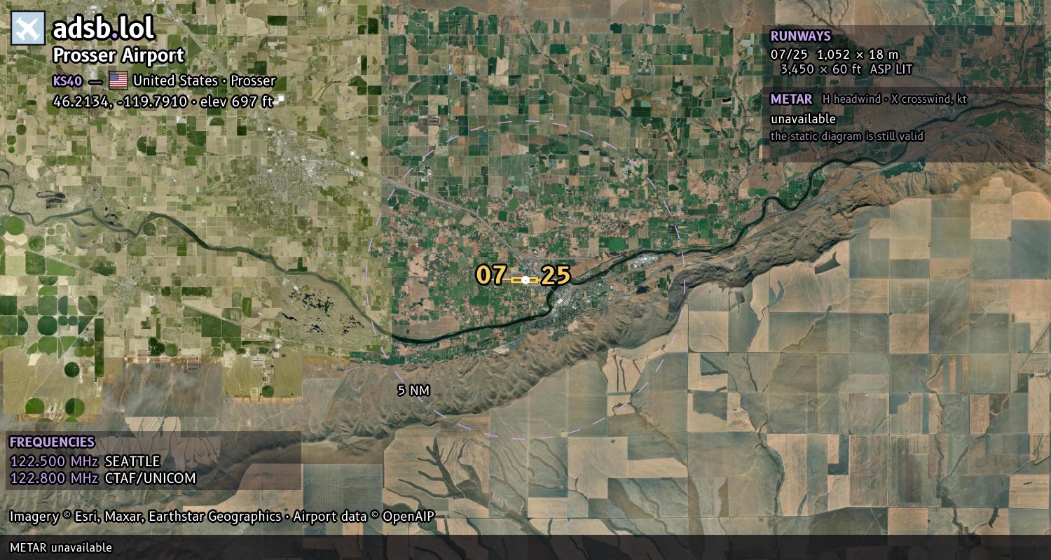 Satellite map with the runway layout of Prosser Airport (KS40)