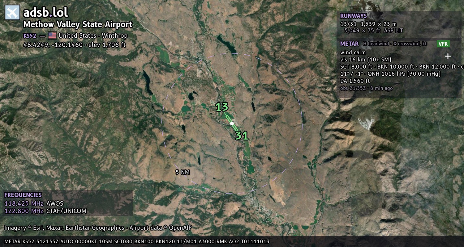 Satellite map with the runway layout of Methow Valley State Airport (KS52)