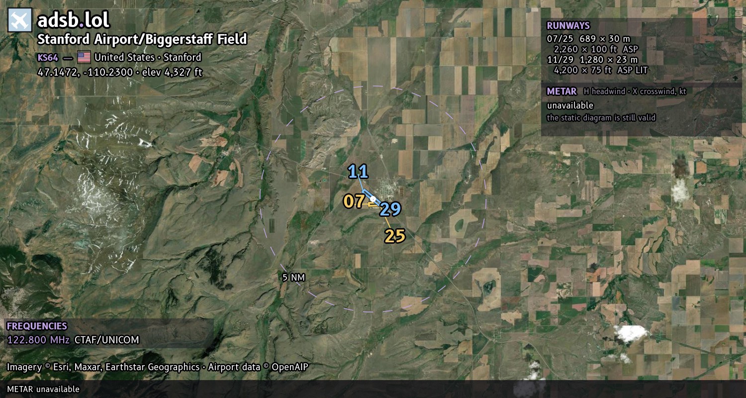 Satellite map with the runway layout of Stanford Airport/Biggerstaff Field (KS64)