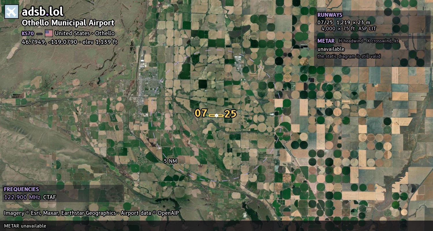 Satellite map with the runway layout of Othello Municipal Airport (KS70)