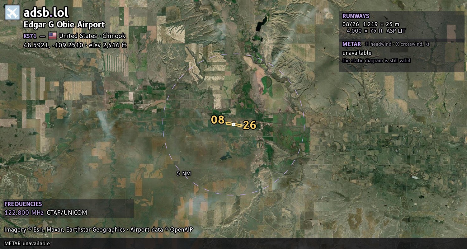 Satellite map with the runway layout of Edgar G Obie Airport (KS71)