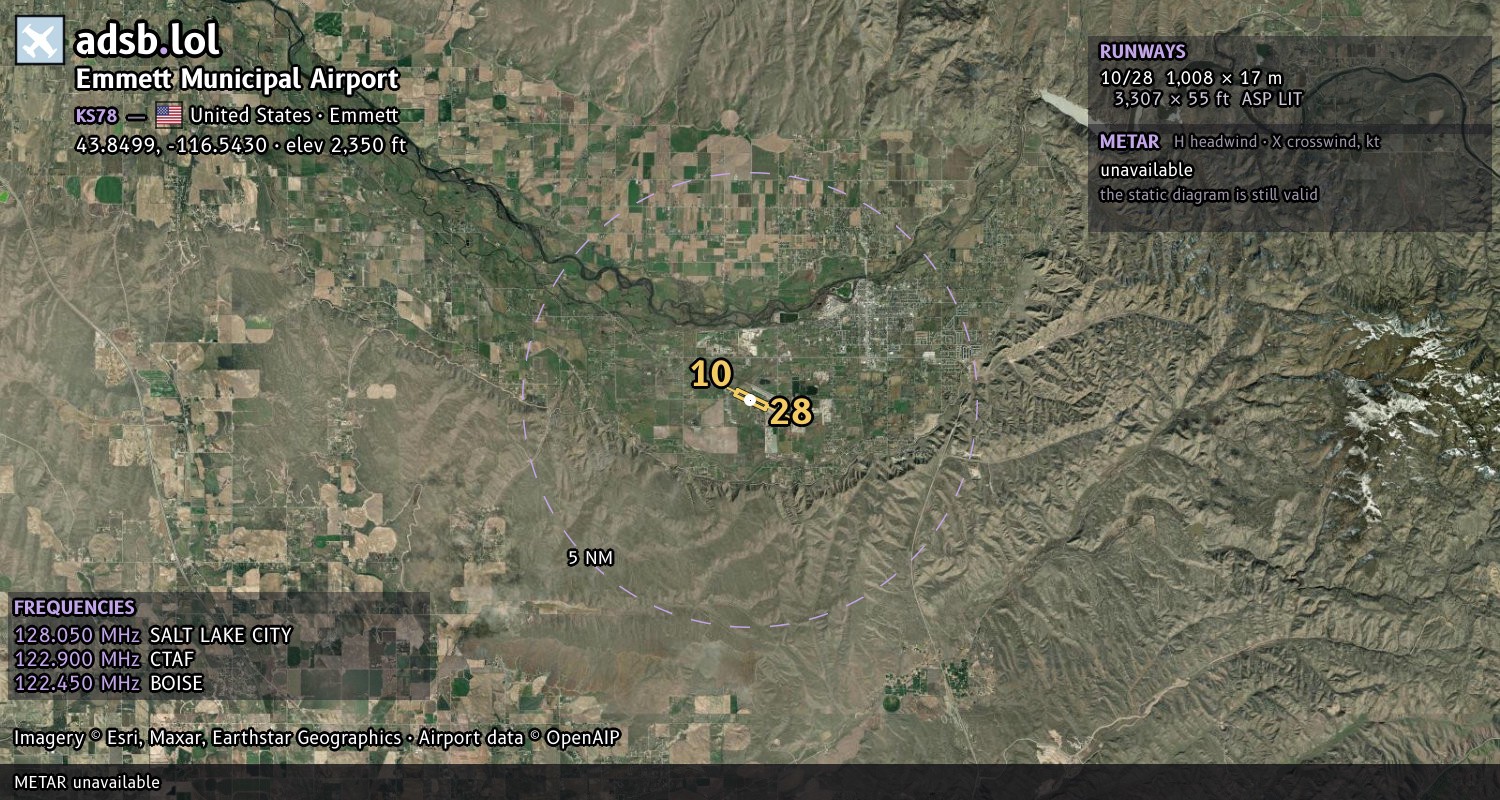 Satellite map with the runway layout of Emmett Municipal Airport (KS78)
