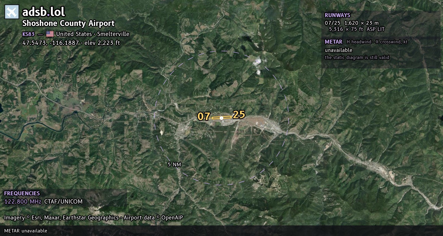 Satellite map with the runway layout of Shoshone County Airport (KS83)