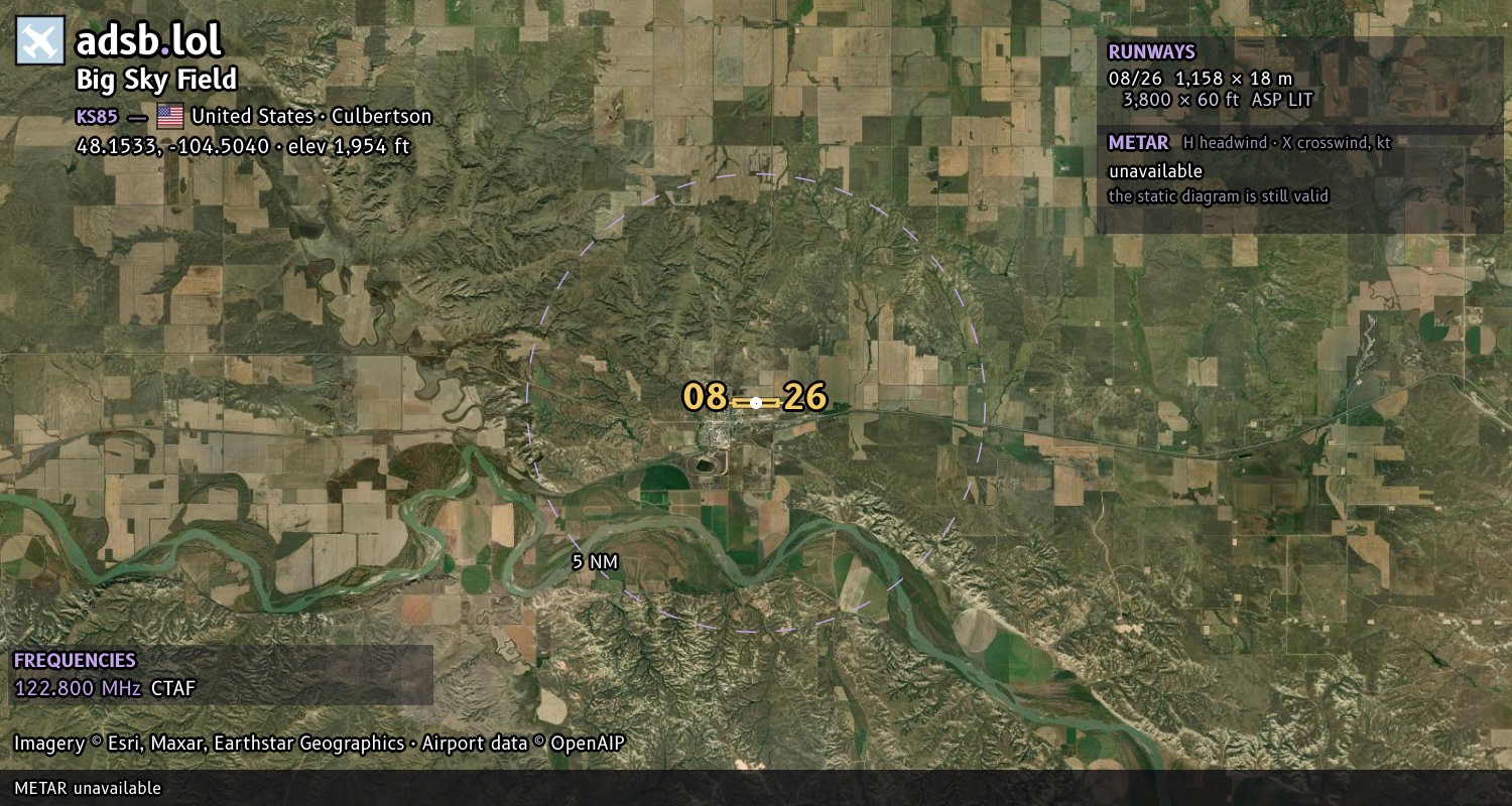 Satellite map with the runway layout of Big Sky Field (KS85)