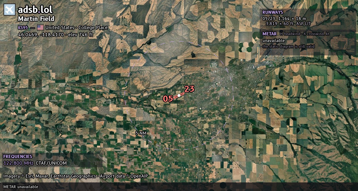 Satellite map with the runway layout of Martin Field (KS95)