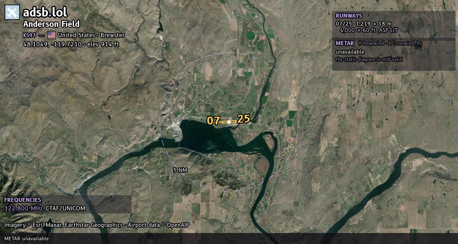 Satellite map with the runway layout of Anderson Field (KS97)