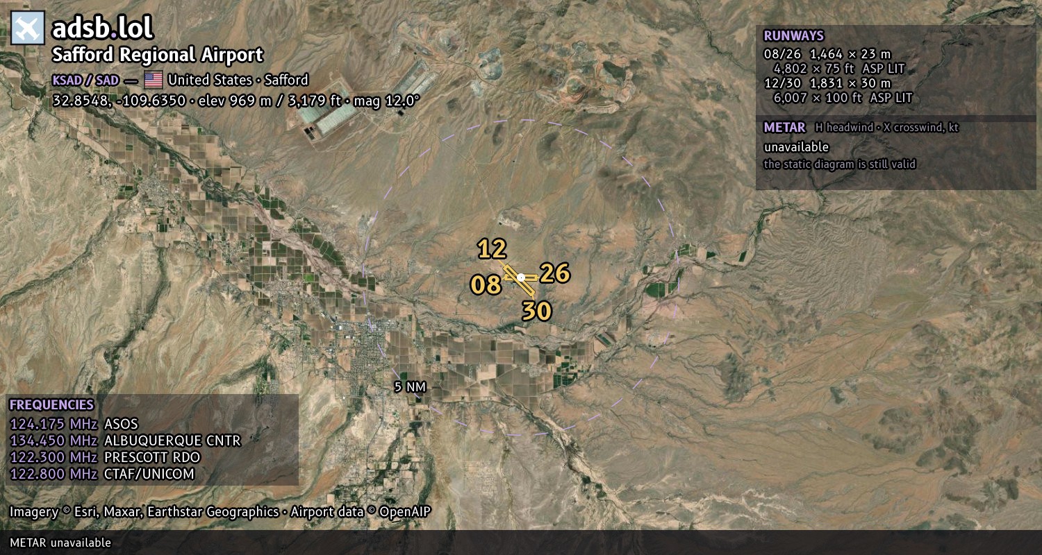Satellite map with the runway layout of Safford Regional Airport (KSAD)