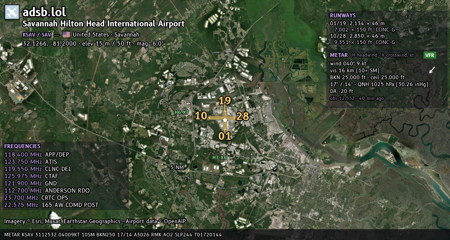 Satellite map with the runway layout of Savannah Hilton Head International Airport (KSAV)