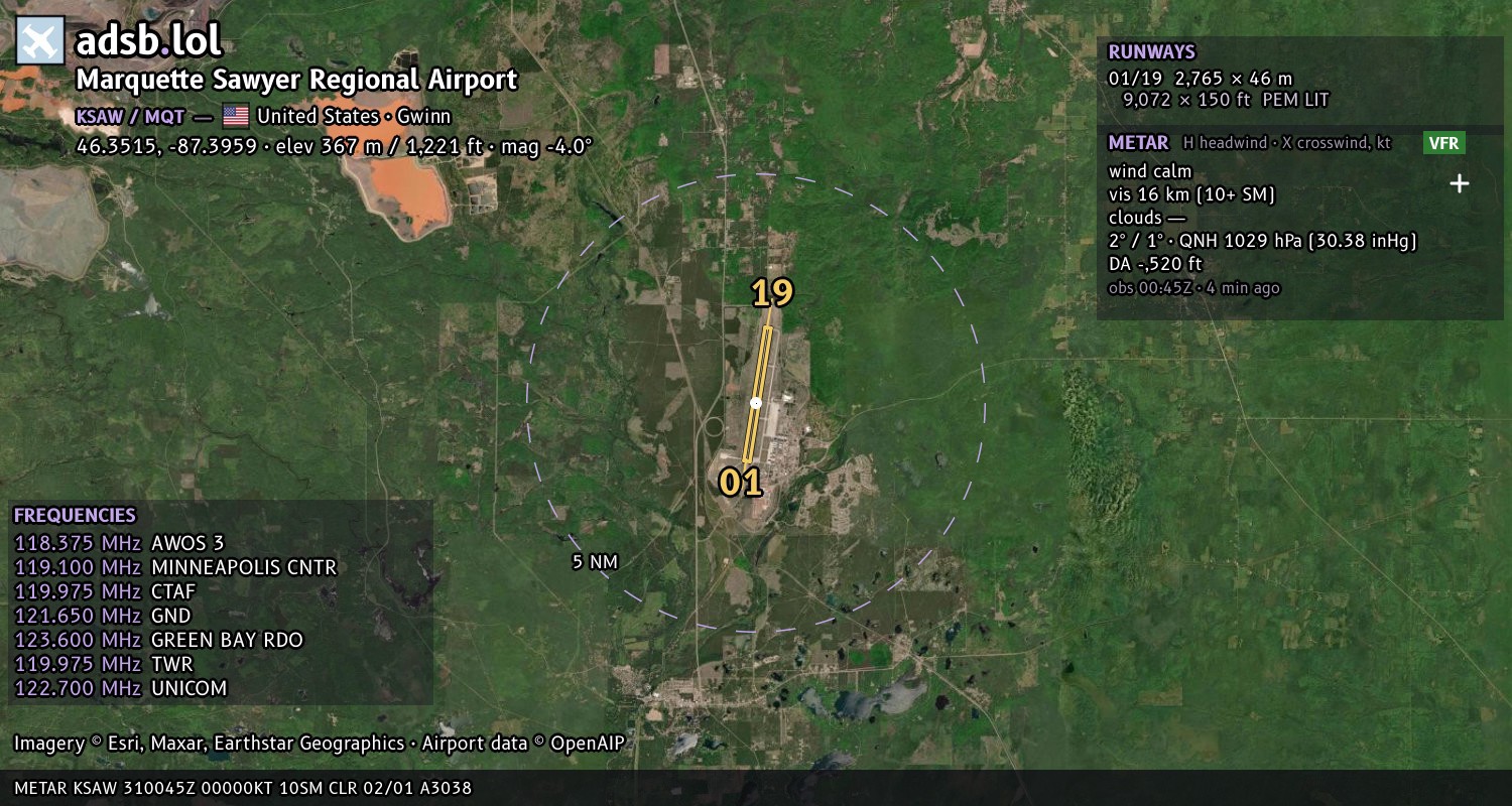 Satellite map with the runway layout of Marquette Sawyer Regional Airport (KSAW)