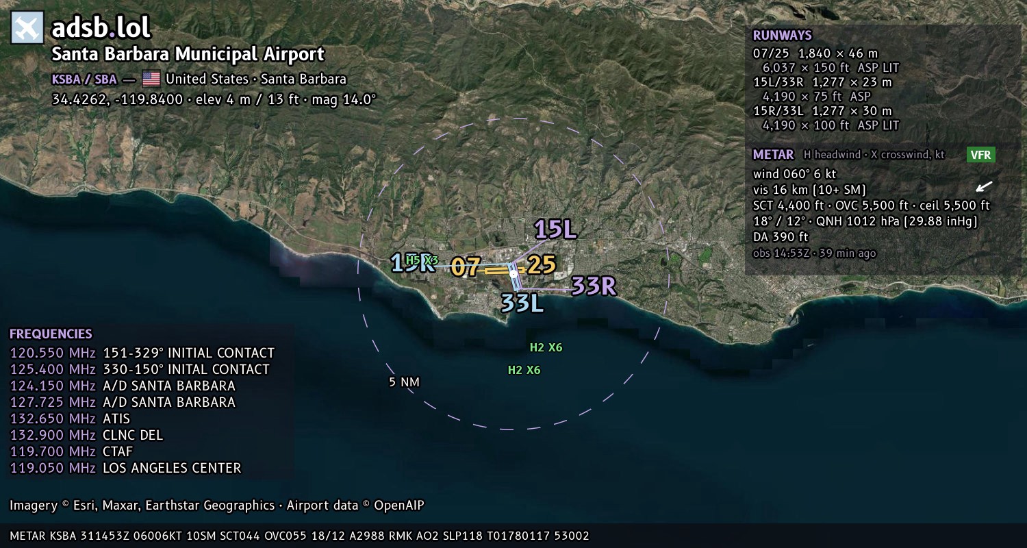 Satellite map with the runway layout of Santa Barbara Municipal Airport (KSBA)