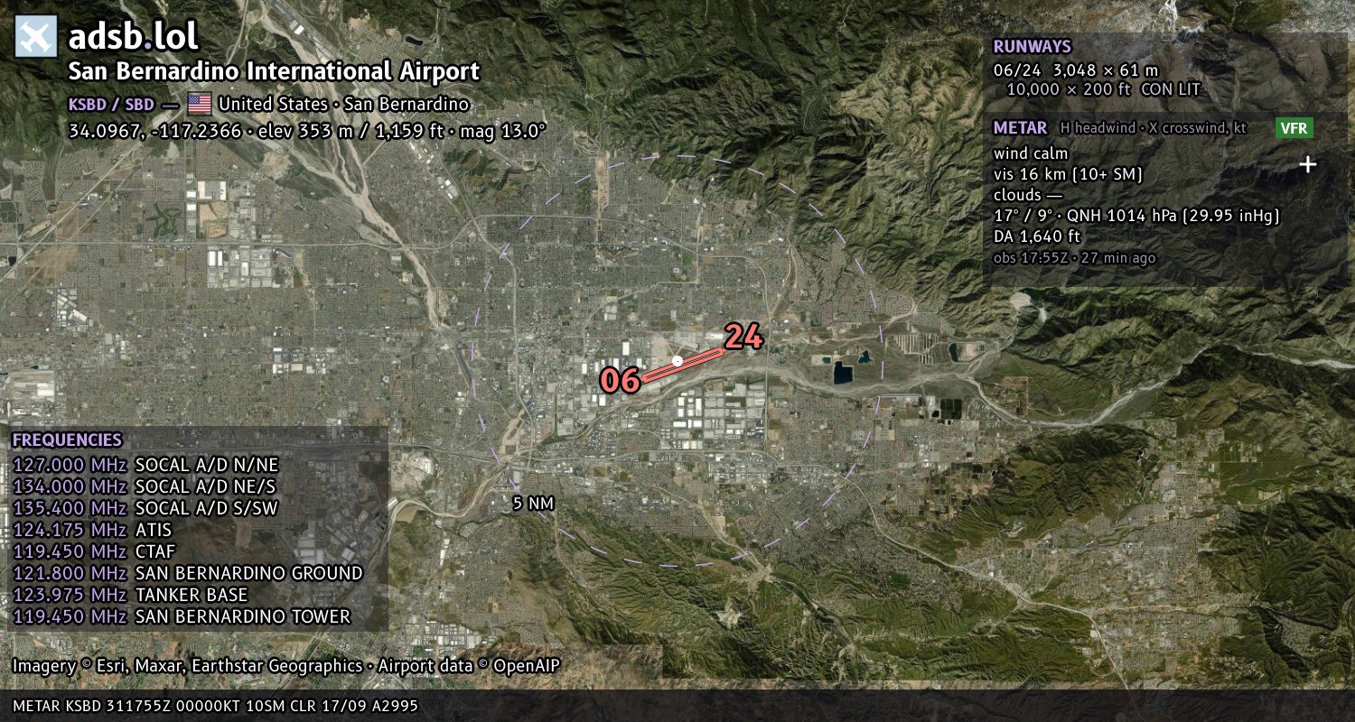Satellite map with the runway layout of San Bernardino International Airport (KSBD)