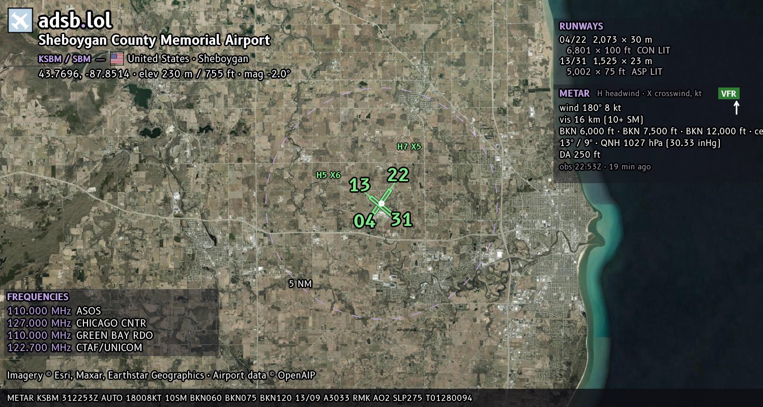 Satellite map with the runway layout of Sheboygan County Memorial Airport (KSBM)