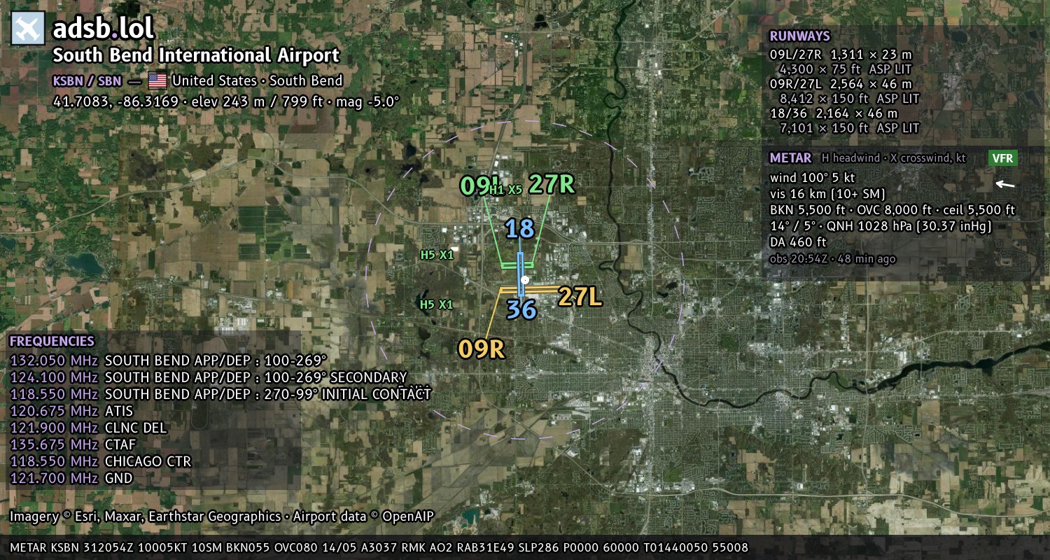 Satellite map with the runway layout of South Bend International Airport (KSBN)