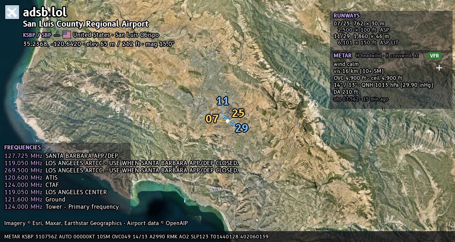 Satellite map with the runway layout of San Luis County Regional Airport (KSBP)