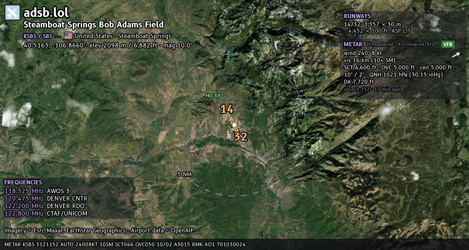 Satellite map with the runway layout of Steamboat Springs Bob Adams Field (KSBS)