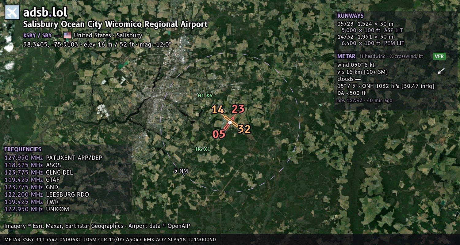 Satellite map with the runway layout of Salisbury Ocean City Wicomico Regional Airport (KSBY)