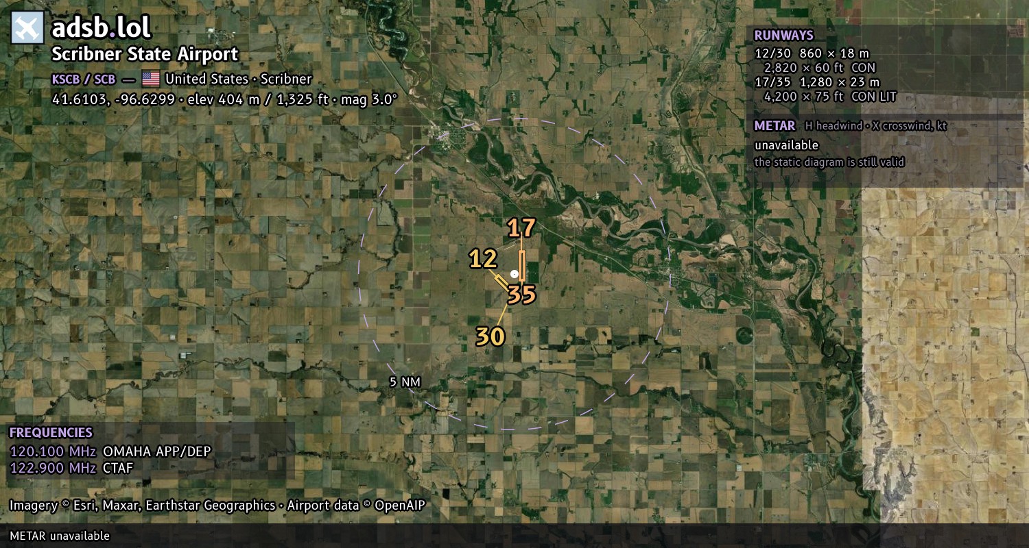 Satellite map with the runway layout of Scribner State Airport (KSCB)