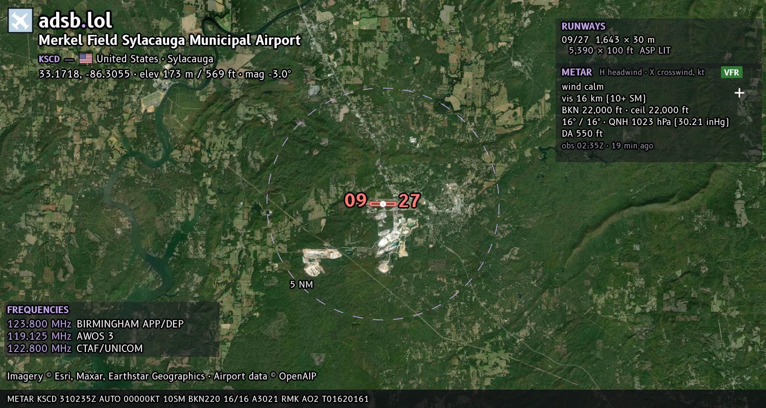Satellite map with the runway layout of Merkel Field Sylacauga Municipal Airport (KSCD)