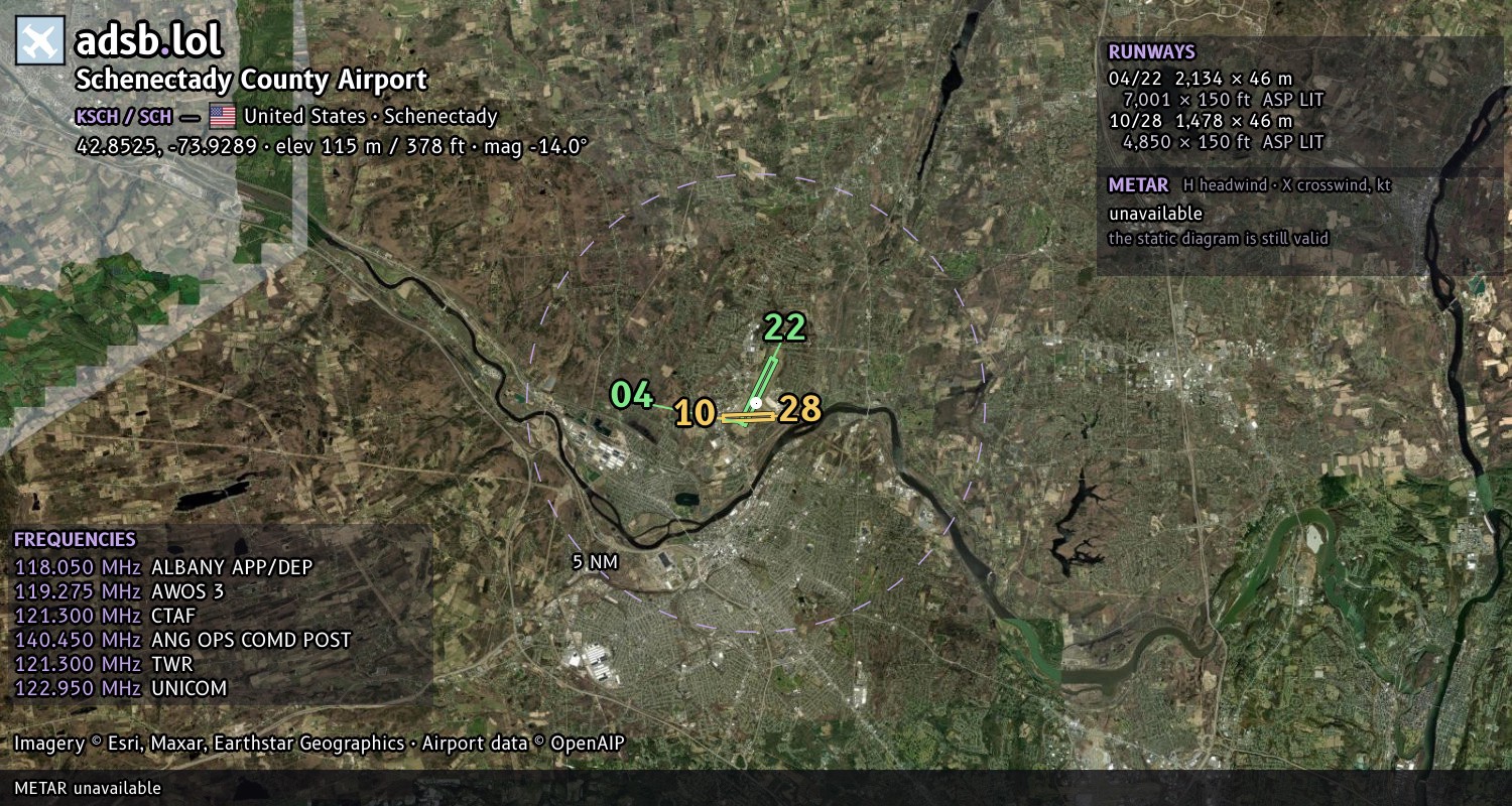 Satellite map with the runway layout of Schenectady County Airport (KSCH)