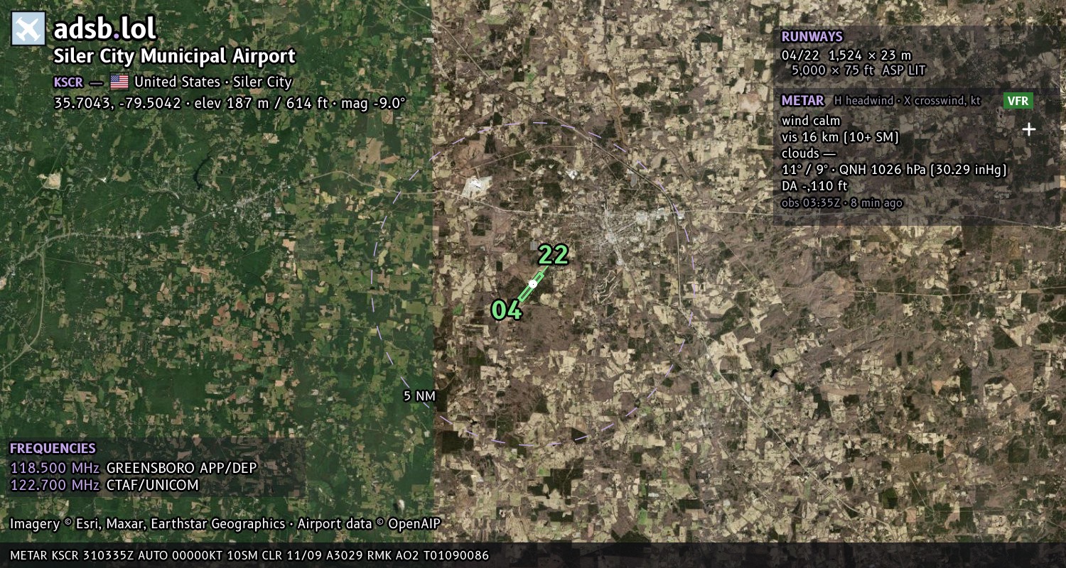 Satellite map with the runway layout of Siler City Municipal Airport (KSCR)