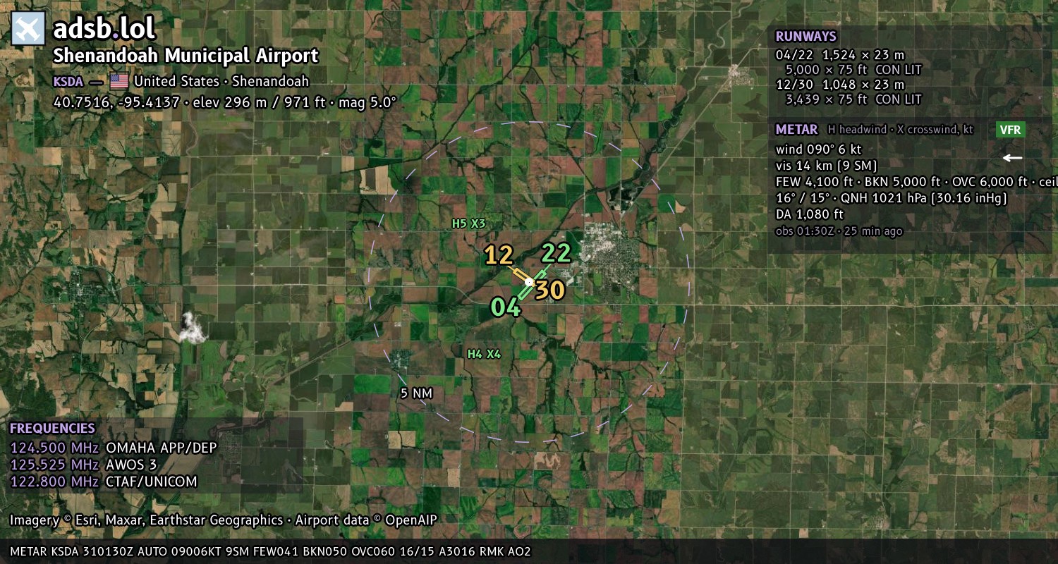 Satellite map with the runway layout of Shenandoah Municipal Airport (KSDA)