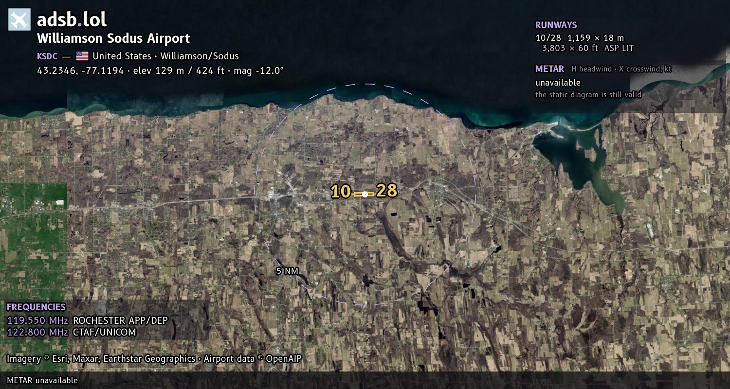 Satellite map with the runway layout of Williamson Sodus Airport (KSDC)
