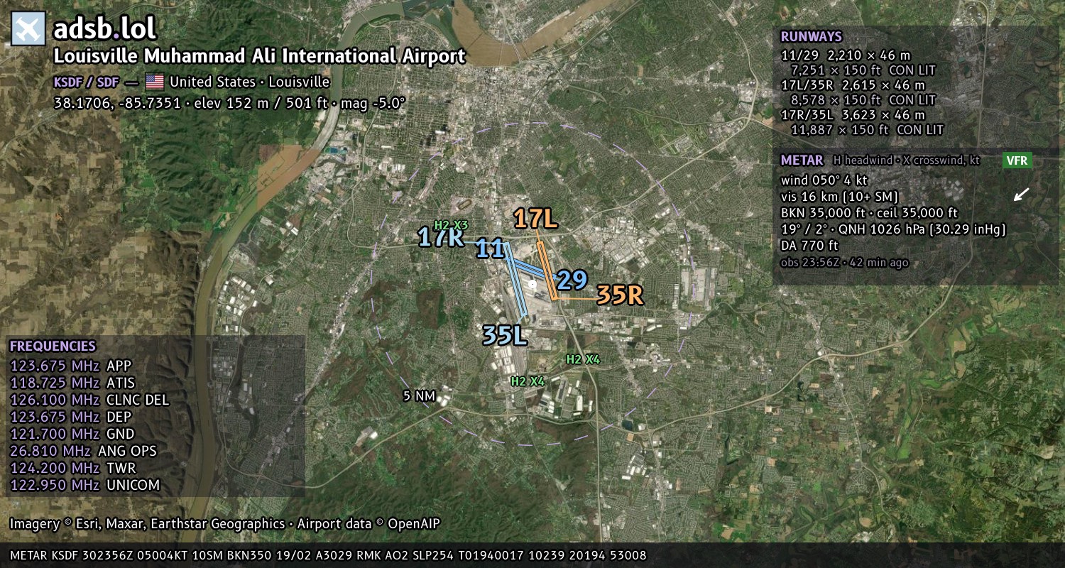 Satellite map with the runway layout of Louisville Muhammad Ali International Airport (KSDF)