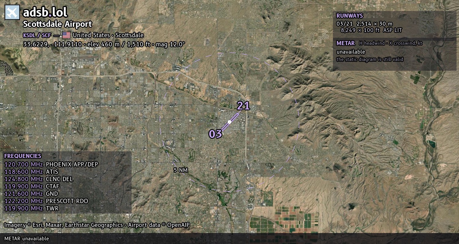 Satellite map with the runway layout of Scottsdale Airport (KSDL)
