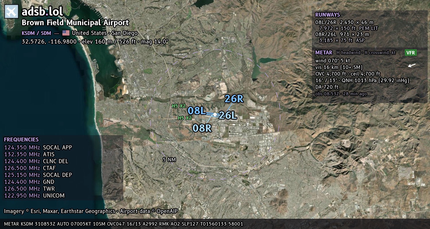 Satellite map with the runway layout of Brown Field Municipal Airport (KSDM)