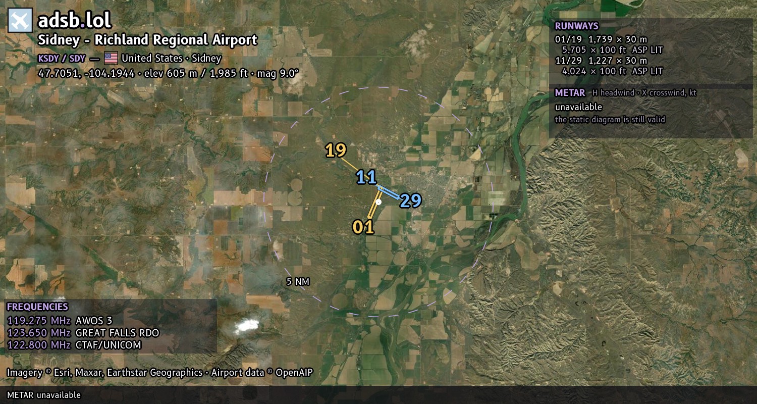 Satellite map with the runway layout of Sidney - Richland Regional Airport (KSDY)