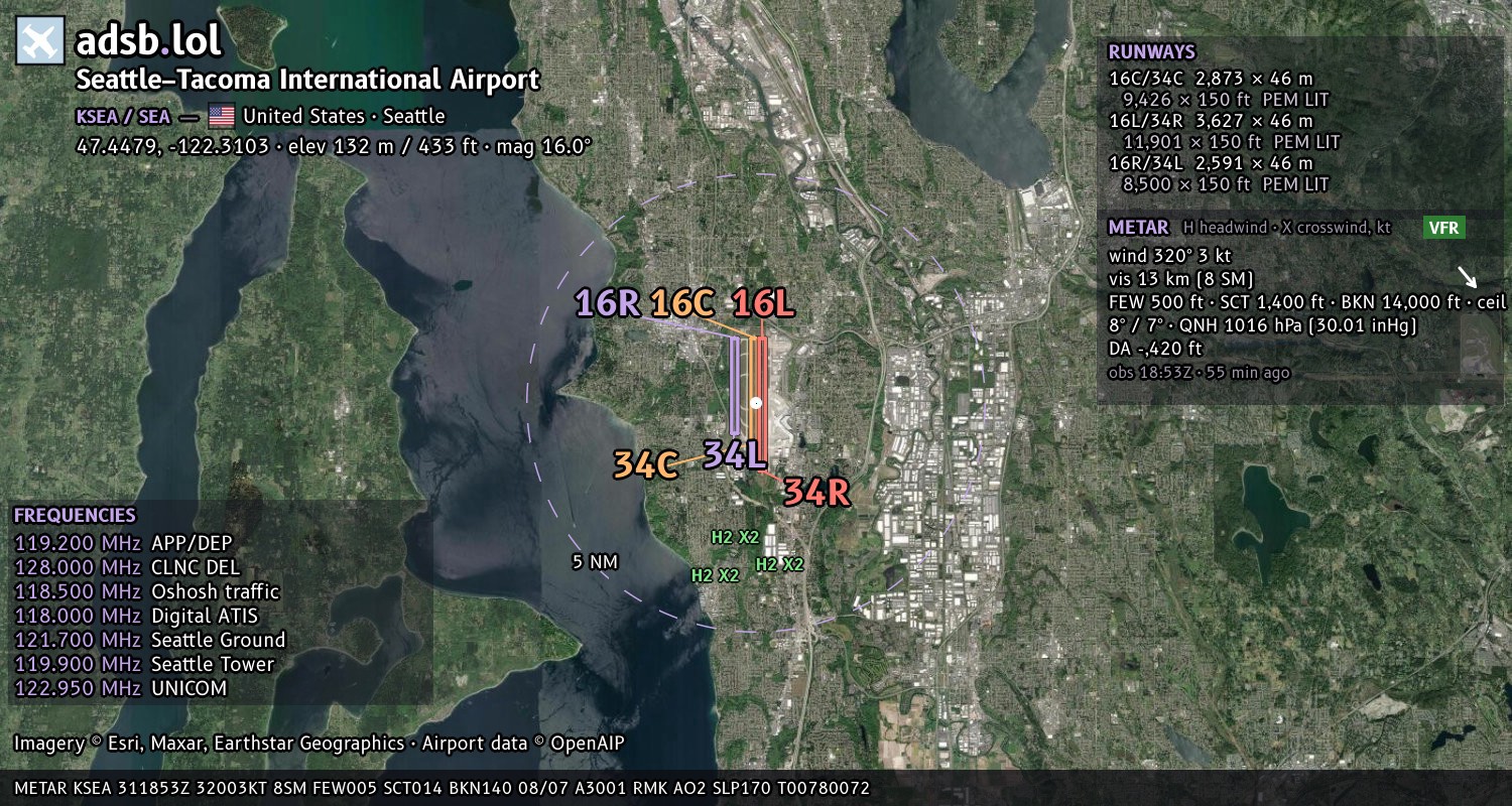 Satellite map with the runway layout of Seattle–Tacoma International Airport (KSEA)