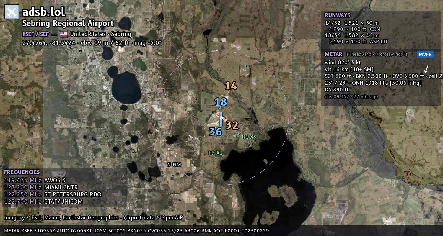 Satellite map with the runway layout of Sebring Regional Airport (KSEF)