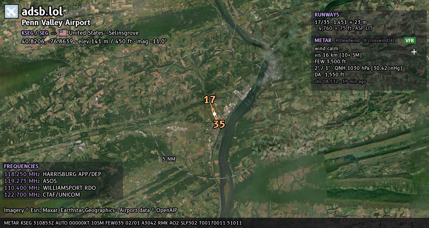 Satellite map with the runway layout of Penn Valley Airport (KSEG)