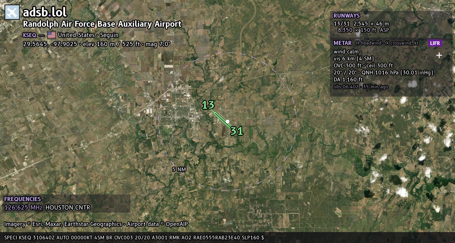 Satellite map with the runway layout of Randolph Air Force Base Auxiliary Airport (KSEQ)