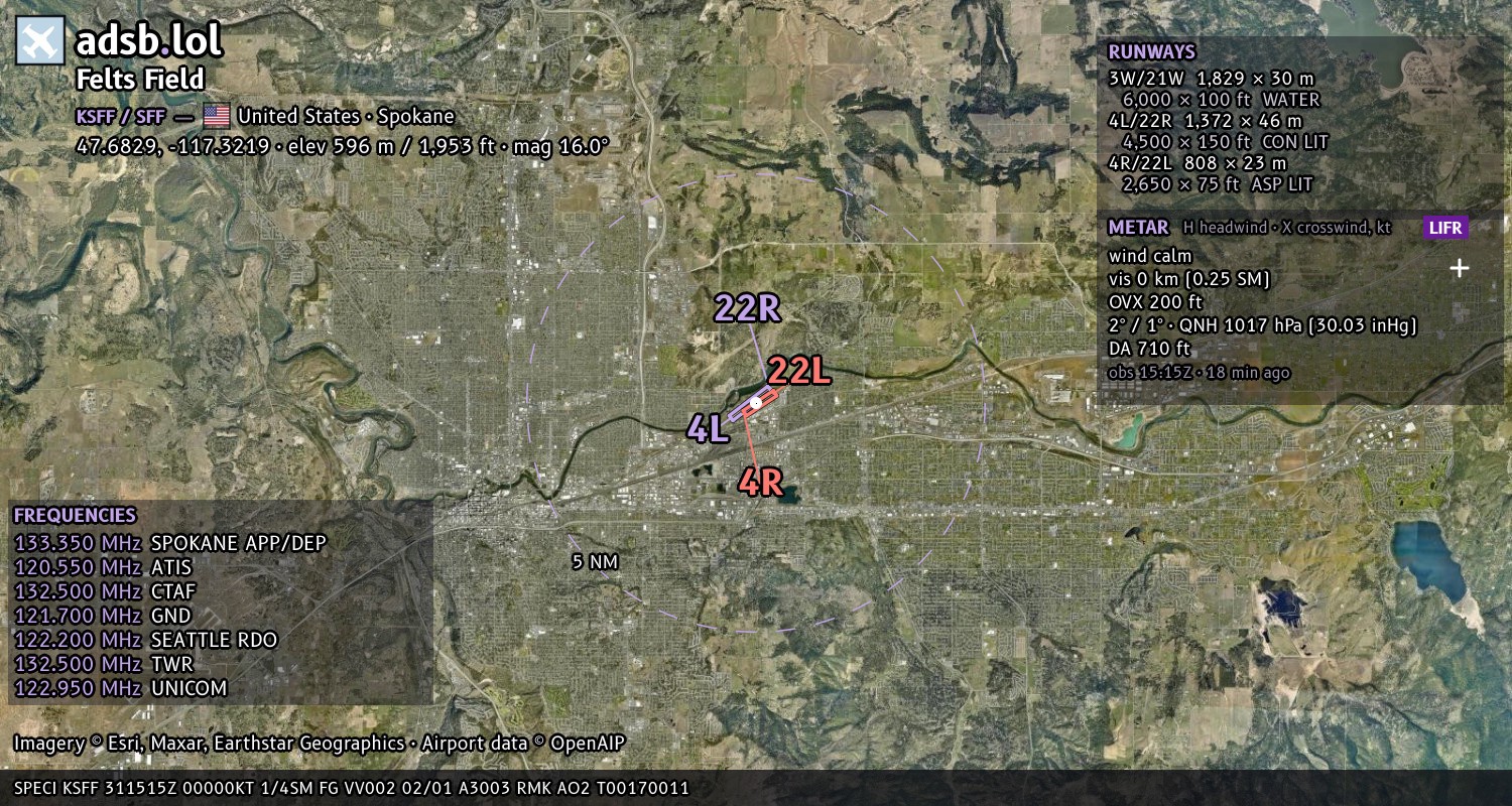 Satellite map with the runway layout of Felts Field (KSFF)