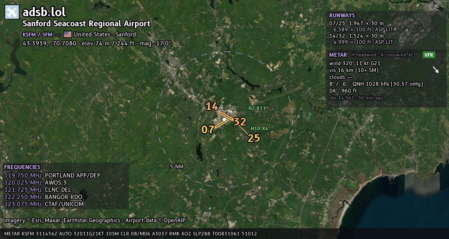 Satellite map with the runway layout of Sanford Seacoast Regional Airport (KSFM)