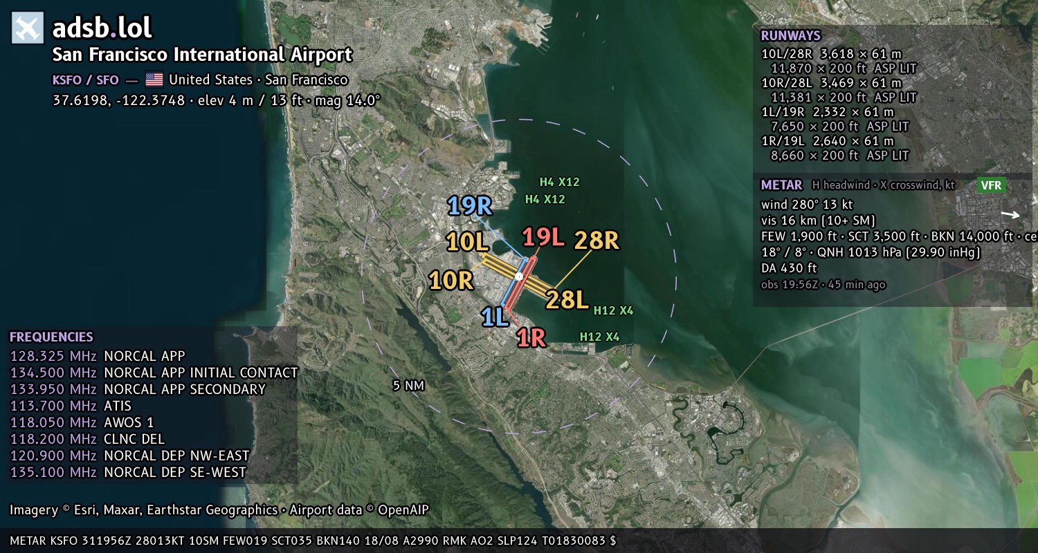Satellite map with the runway layout of San Francisco International Airport (KSFO)