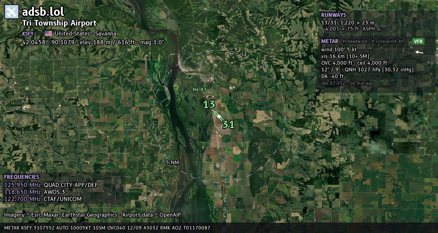 Satellite map with the runway layout of Tri Township Airport (KSFY)