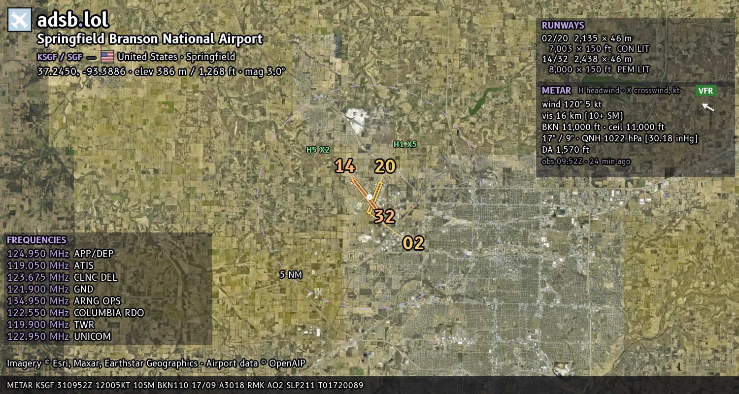Satellite map with the runway layout of Springfield Branson National Airport (KSGF)