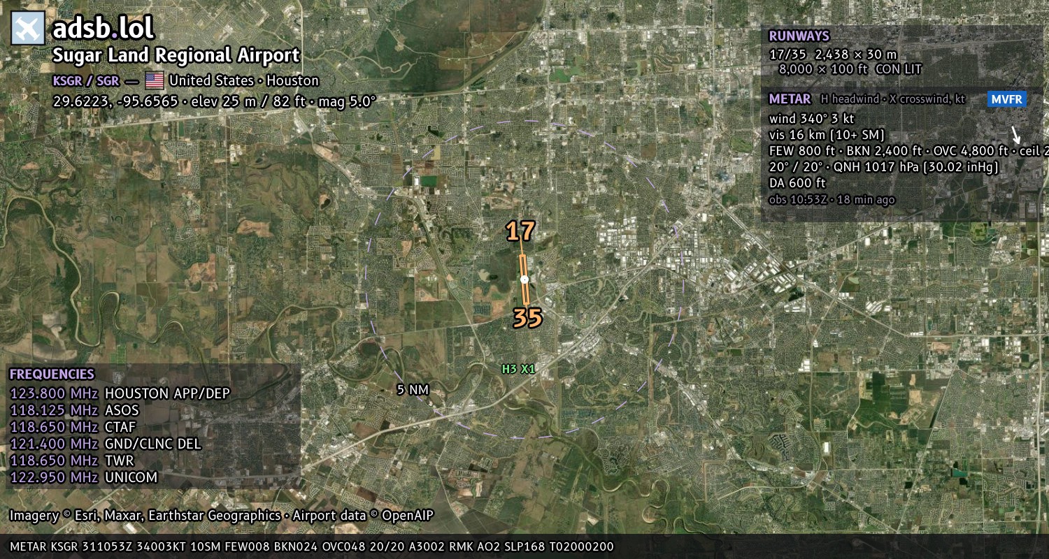 Satellite map with the runway layout of Sugar Land Regional Airport (KSGR)