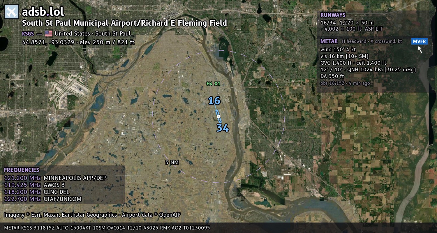 Satellite map with the runway layout of South St Paul Municipal Airport/Richard E Fleming Field (KSGS)
