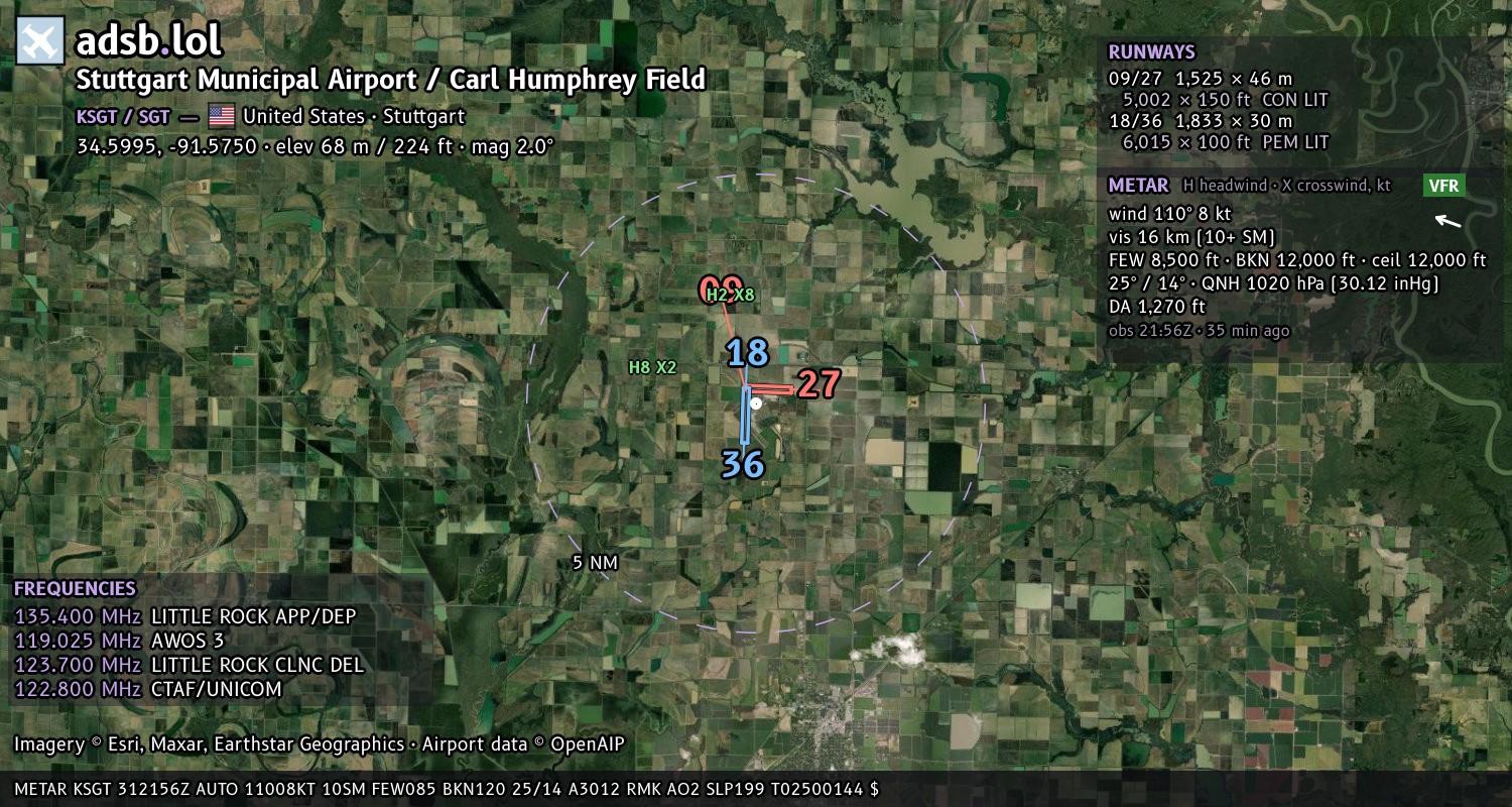 Satellite map with the runway layout of Stuttgart Municipal Airport / Carl Humphrey Field (KSGT)