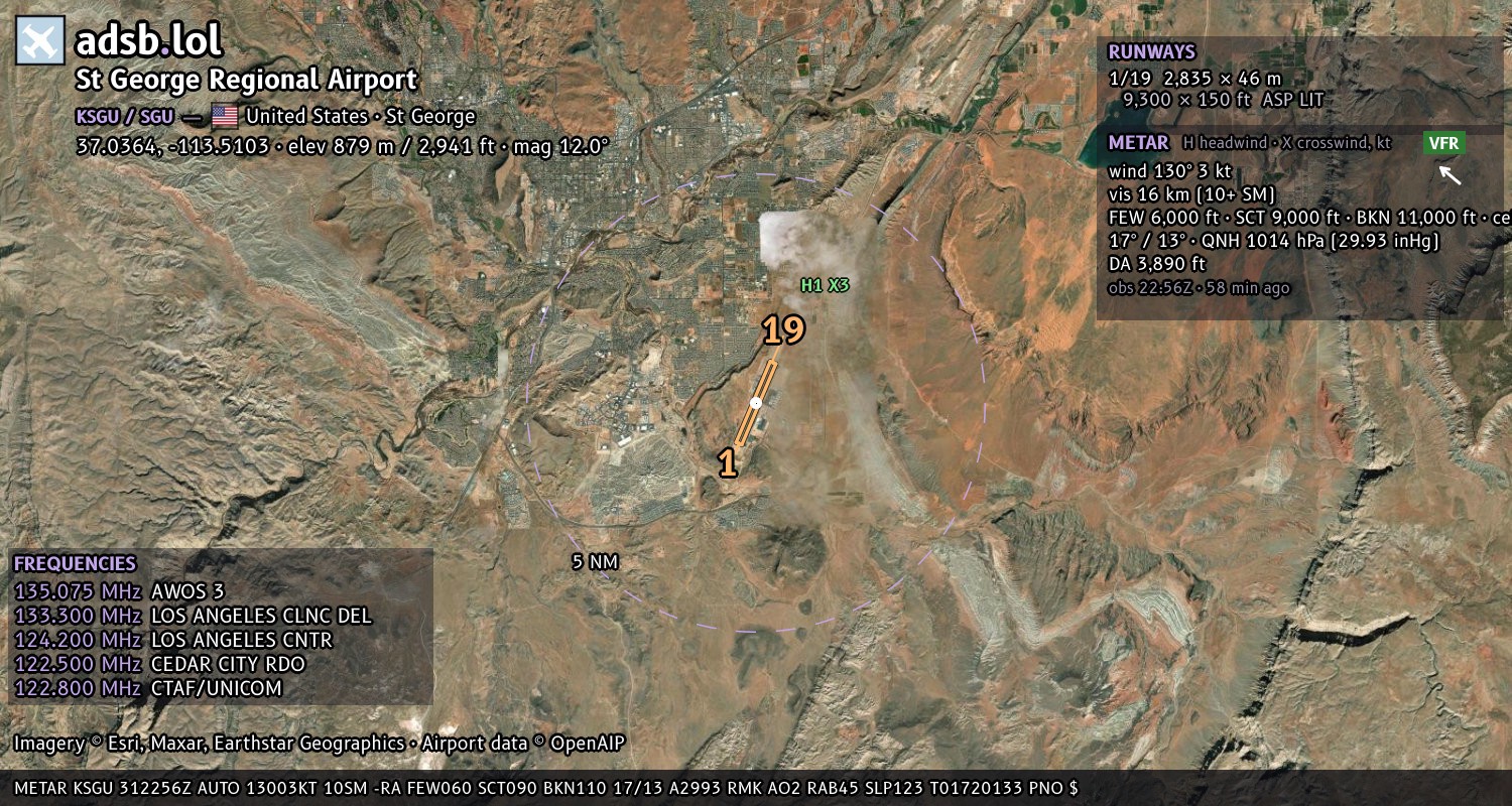 Satellite map with the runway layout of St George Regional Airport (KSGU)