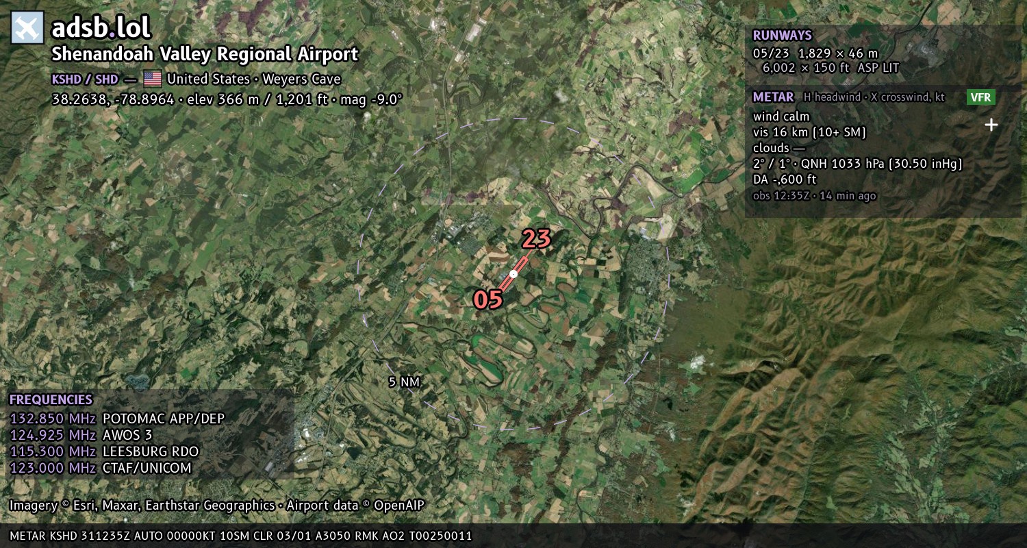 Satellite map with the runway layout of Shenandoah Valley Regional Airport (KSHD)