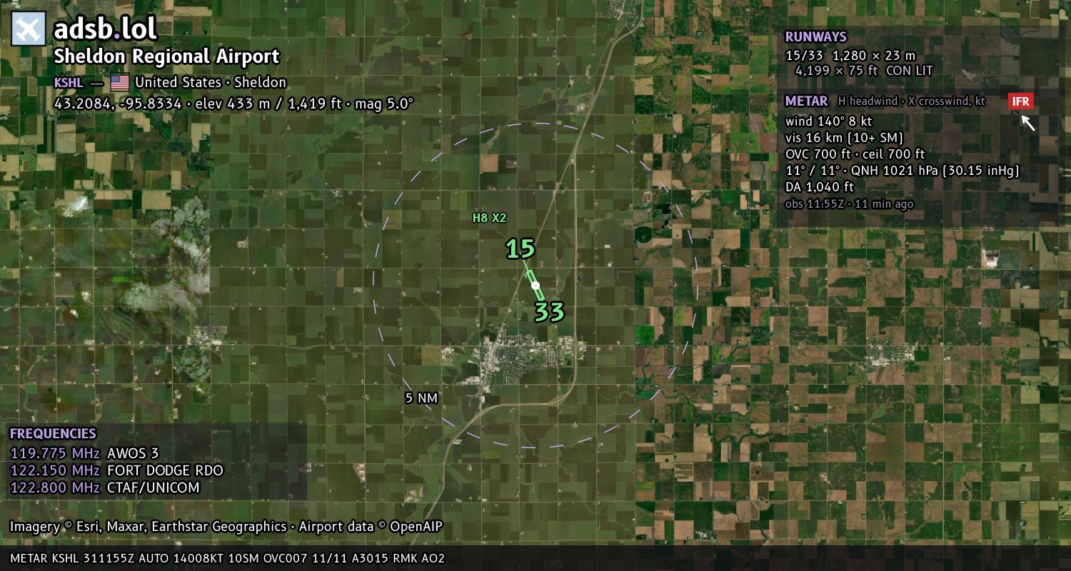 Satellite map with the runway layout of Sheldon Regional Airport (KSHL)