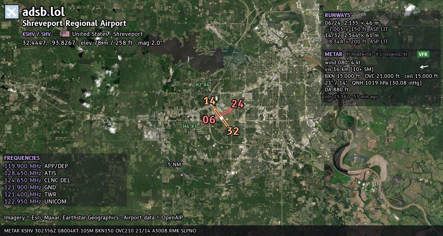 Satellite map with the runway layout of Shreveport Regional Airport (KSHV)