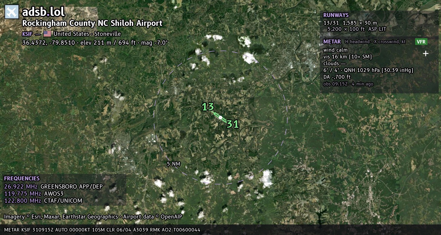 Satellite map with the runway layout of Rockingham County NC Shiloh Airport (KSIF)