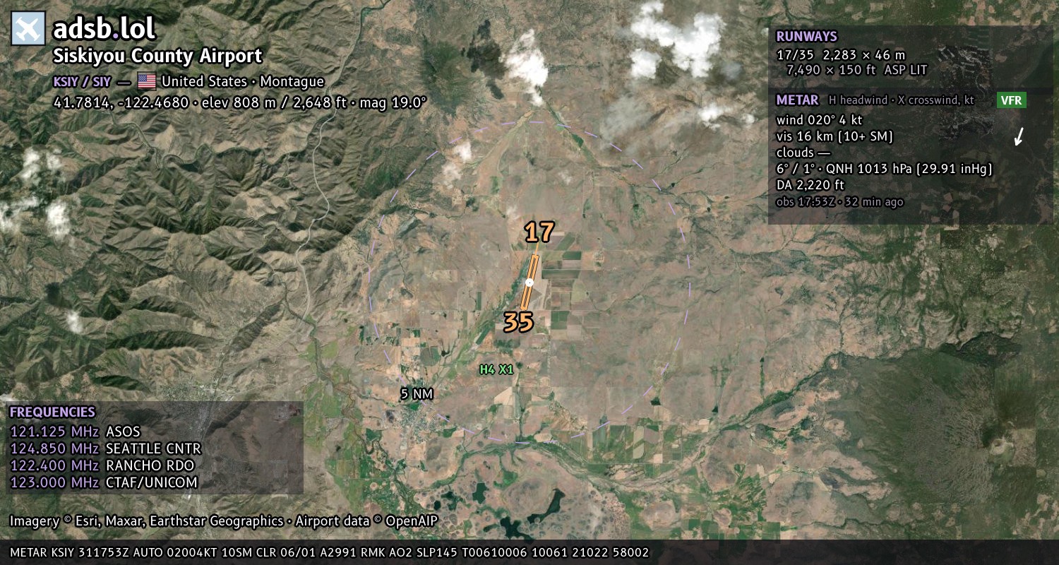 Satellite map with the runway layout of Siskiyou County Airport (KSIY)
